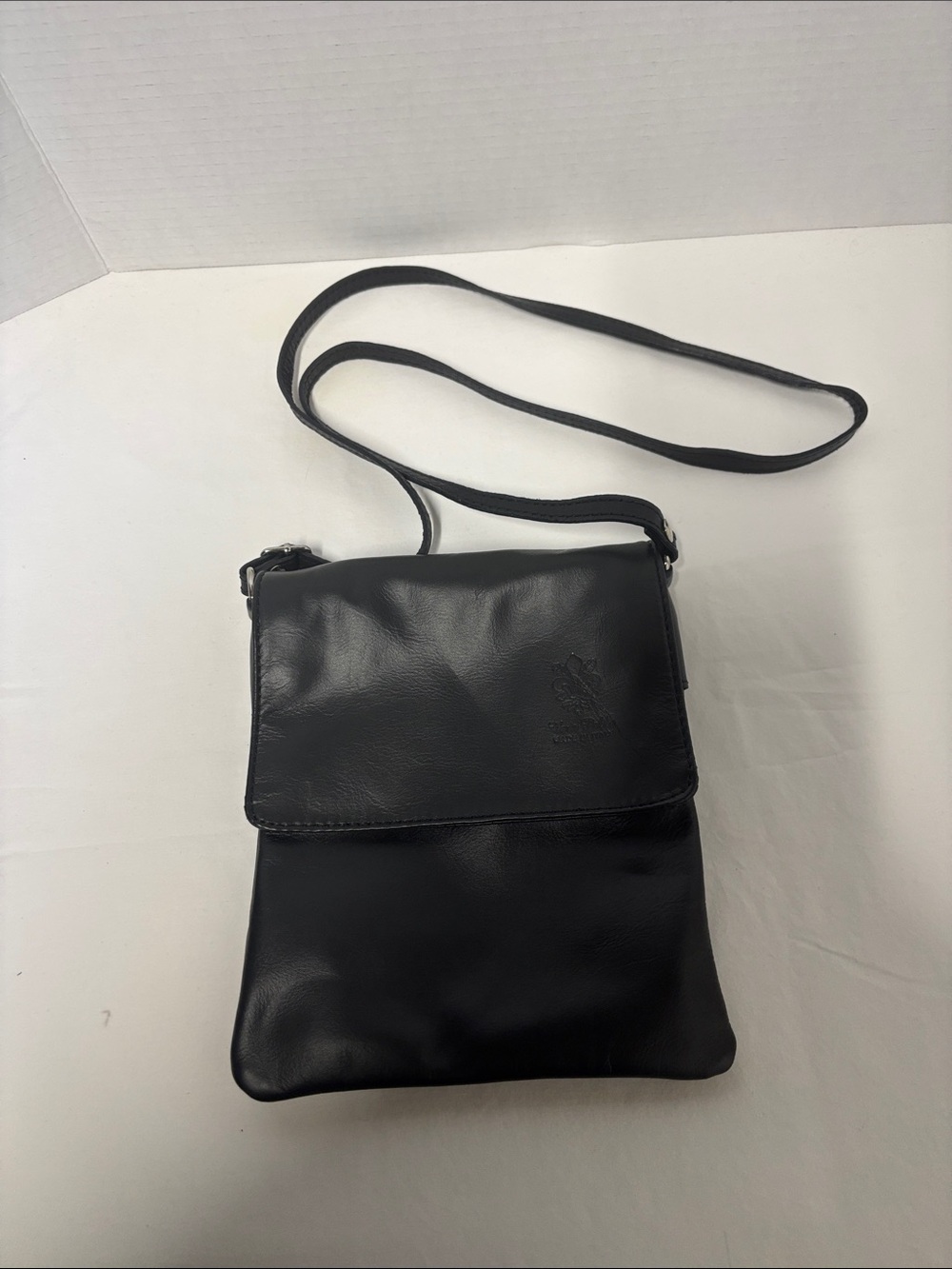 Black Leather Crossbody Messenger Bag with Adjustable Strap